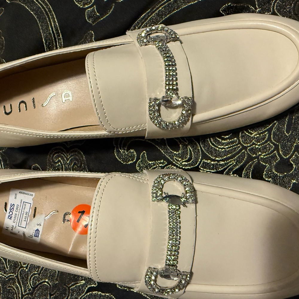 Unisa Cream Rhinestone Buckle Loafers